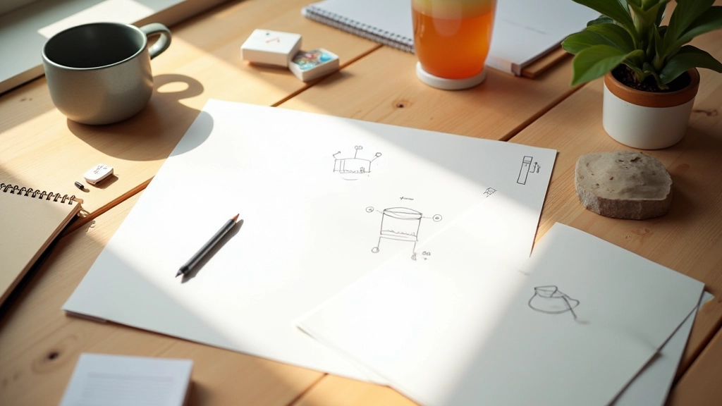 Close-up of design thinking materials including sketches prototypes and innovation notes on a workspace table