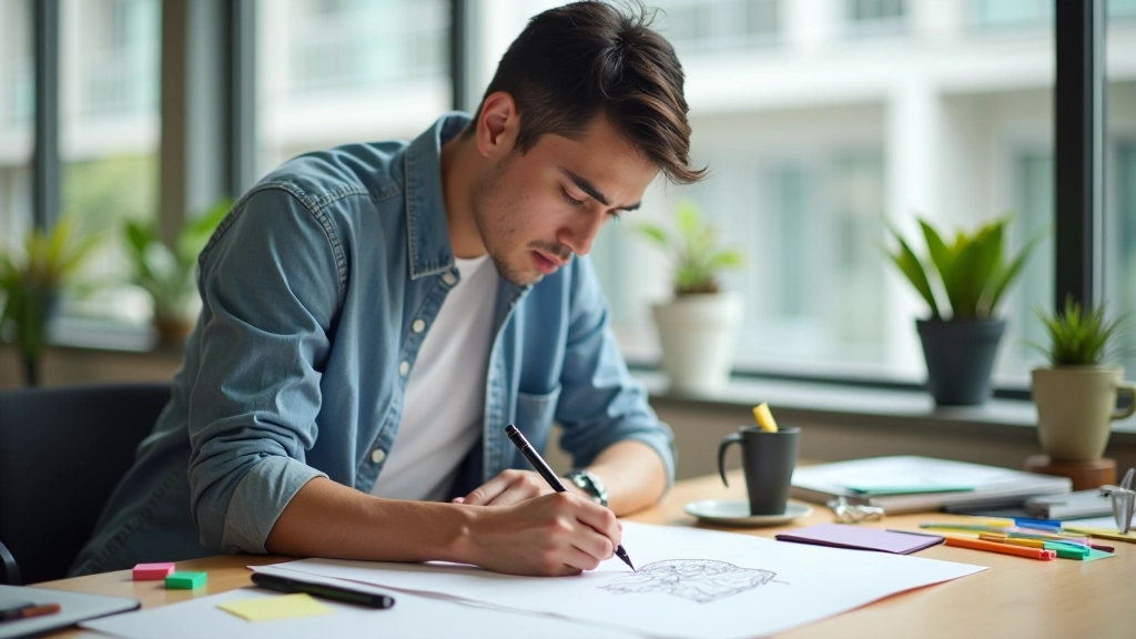 Designer sketching ideas on large paper with colored markers and sticky notes arranged on a bright workspace