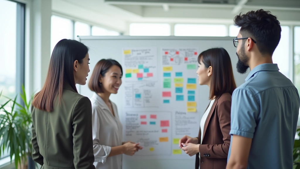Team collaborating in a modern workspace, brainstorming with whiteboards covered in diagrams, flowcharts, and colorful ideas