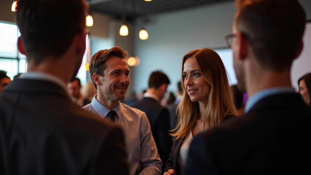 Diverse group of investors and entrepreneurs networking at startup event, standing with drinks and having conversations, modern event space with modern lighting