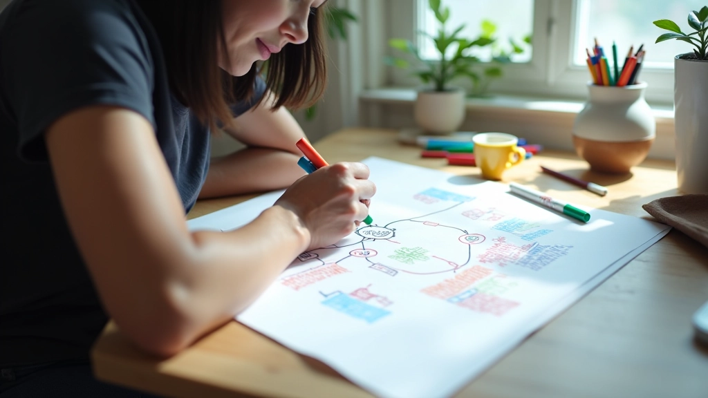 Person sketching creative ideas and mind maps on large paper with colorful markers at a wooden desk