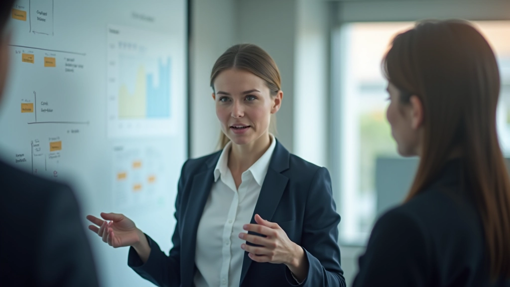 Professional woman in modern office presenting ideas on a wall, explaining strategy to colleagues in a collaborative meeting setting