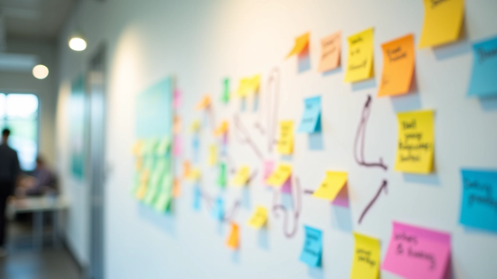 Colorful sticky notes arranged on a wall showing the five stages of design thinking with connecting arrows and annotations